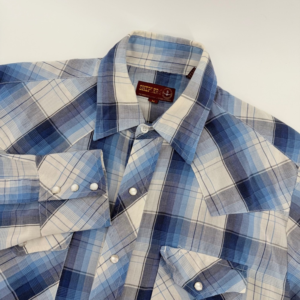 Sheplers Western Pearl Snap Shirt Mens Medium Blue Plaid Long Sleeve Cowboy